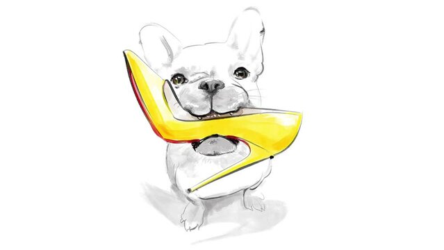 Adorable french bulldog is chewing on an expensive high heeled designer shoe. He happily looks at the viewer as if saying "I thought you said these were Jimmy chews". 