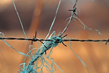Close-up of barbed wire around the garden to prevent burglars