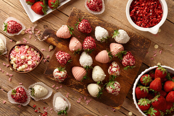 Fresh chocolate dipped strawberries on wooden background