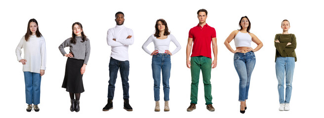 Set of young happy, multi ethnic people, men and women standing isolated over white background, Horizontal flyer, banner. Models in casual clothes