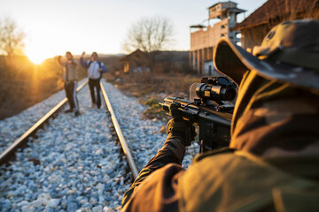 An armed soldier on the railway in uniform with a modern rifle aimed at two people. A soldier guarding the border stops illegal border crossing