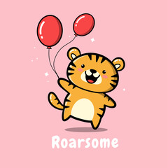 Cartoon tiger cub illustration. Cute kawaii animal character. Hand drawn design for greeting cards, t-shirt print, nursery decor in cartoon style.