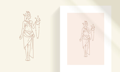 Beautiful bohemian female goddess with crystal ball and moon crescent line art style vector illustration