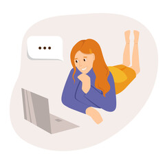 Woman talking on tablet flat vector illustration. Working from home, remote job. Online shopping. Freelance, e-learning concept. Girl lying on floor, using laptop. Freelancer, student character