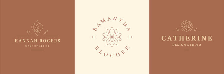 Flower logos emblems design templates set with botanical plants and rose vector illustrations minimal linear style.