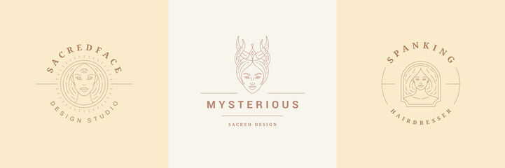 Fototapeta premium Feminine logos emblems design templates set with magic female portraits vector illustrations minimal linear style.