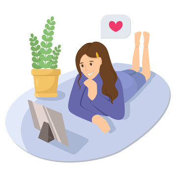 Woman talking on tablet flat vector illustration. Working from home, remote job. Online shopping. Freelance, e-learning concept. Girl lying on floor, using laptop. Freelancer, student character