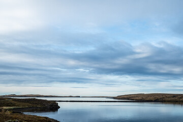 Blick auf die Halbinsel Geldinganes bei Grafavogur, einem Vorort von Reykjavik