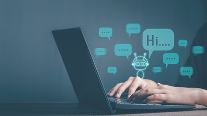 AI digital Chatbot concept. Smart digital customer care application for provide access to information and data in online network. Hand using laptop and global connection, Artificial intelligence.