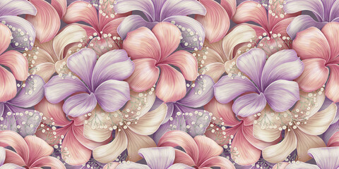Floral seamless pattern, tropical background, luxury wallpaper. Romantic delicate flowers, plumeria, pink, beige, purple, gypsophila. Watercolour 3d illustration, premium texture. Fabric printing