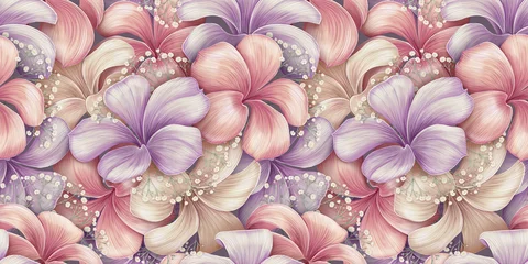 Foto op Plexiglas Pastel Naadloze bloemmotief, tropische achtergrond, luxe behang. Romantische delicate bloemen, plumeria, roze, beige, paars, gipskruid. Aquarel 3d illustratie, premium textuur. Stof bedrukken