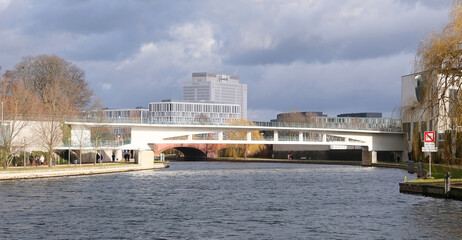Berlin, Germany, February 5, 2022, view over the river Spree to the Chancellery footbridge with...