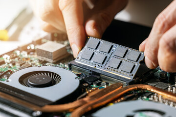 technician installing ram memory module in laptop motherboard. computer upgrade - obrazy, fototapety, plakaty