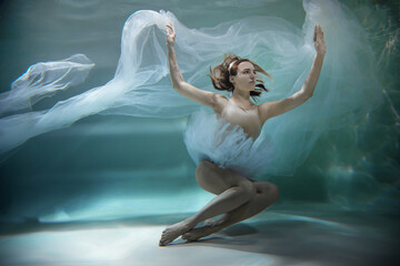 Fototapeta na wymiar ballerina in a white tutu under water