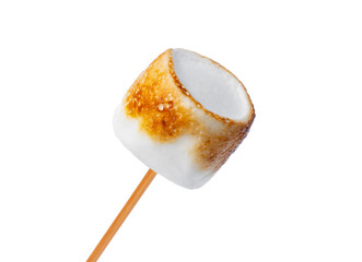 Grilled marshmallows on sticks isolated on white