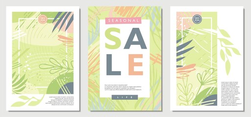 Promo banners for seasonal spring sale with leaves, floral elements and plants. Creative sets of nature and landscape covers, notebooks, posters, cards, flyers, backgrounds or invitations. Vector desi