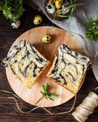 Easter cupcakes. Painted eggs. Easter still life. Panettone with poppy seeds