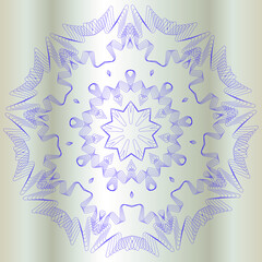 A symmetrical pattern of abstract shapes creates an ornament in the form of a beautiful blue flower. Ornament on a gradient background.