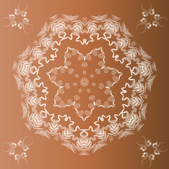 A symmetrical pattern of abstract shapes creates an ornament in the form of a colorful flower. Ornament on a brown, gradient background.
