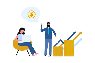 Businessman and bank, banker and his capital for web page, banner, presentation, social media, documents, cards, posters. Vector illustration strategy, planning, market research, finance, investment