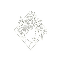 Romantic woman face with botanical flower on head at rhombus frame icon vector illustration