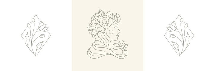 Elegant woman with blossom flower wreath decorative floral cute seasonal wild plant in rhombus frame