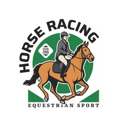 Horse racing sport emblem with jockey on stallion. Equestrian sport racing tournament, horse ridding club championship vector retro icon, label or badge with rider on running horse