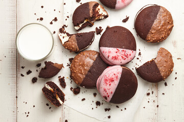 American whoopie pie desserts on white wooden planks