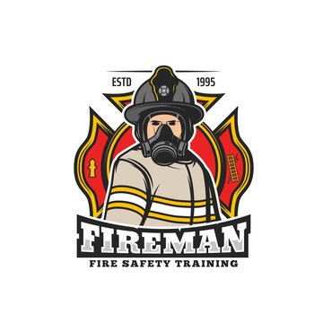 Fireman or firefighter retro icon. Fire department rescue team or brigade vector emblem, badge or icon with maltese cross, firefighter character in helmet and breathing apparatus gasmask or respirator