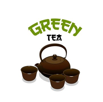 Green Asian tea vector icon of Japanese and Chinese tea ceremony set with teapot, cups and bowls. Green, black, oolong or matcha beverage utensils isolated symbol of oriental tea room