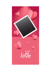Love. Vintage vector realistic photo frame on pink background with flying hearts. Mother's day greeting card. Congratulations on International Women's Day March 8. Honeymoon, wedding memories banner. 