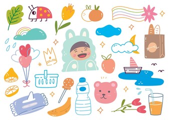 Set of Hand Drawn Kawaii and Girly Object Doodle Vector Element 