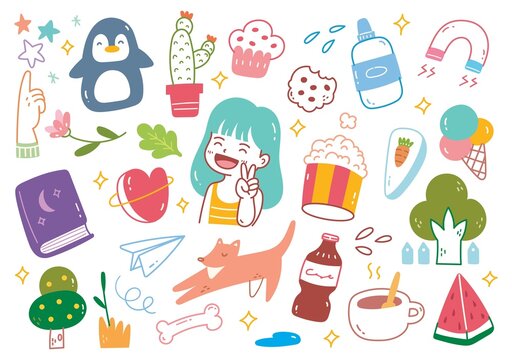 Set of Hand Drawn Kawaii and Girly Object Doodle Vector Element 
