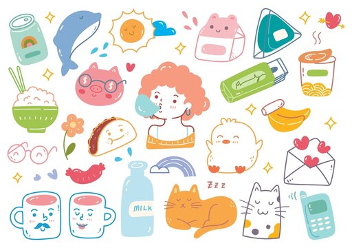 Set of Hand Drawn Kawaii and Girly Object Doodle Vector Element 