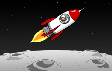 Cartoon Astronaut im Raumschiff fliegt über Mond © Robert Kneschke