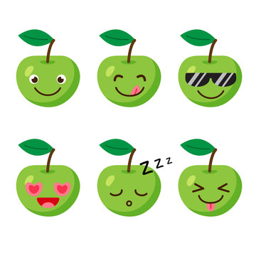 Set of apple emojis. Kawaii style icons, fruit characters. Vector illustration in cartoon flat style. Set of funny smiles or emoticons. Good nutrition and vegan concept. illustration for kids