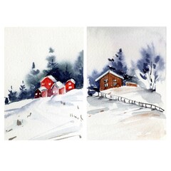 Watercolor landscape with snowy mountain, house, forest