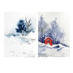 Watercolor winter landscape with snowy mountain, house, forest