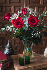 
Books and roses. Symbols of the day of the book and of San Jordi in Catalonia, Spain
