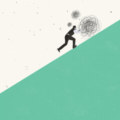 Creative design. Businessman, employee pushing forward big tangled ball symboliing fearless...