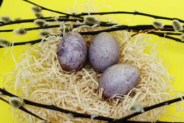 Beautiful Easter eggs in a nest with willow branches