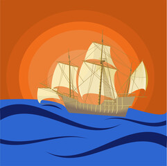Silhouette of a sailboat at sunset, vector illustration, sailing boat floating in the ocean, silhouette of the sea and ship, drawing in a flat style.