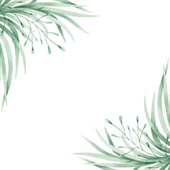 Naklejka premium Watercolor illustration card green leaves and grass frame. Isolated on white background. Hand drawn clipart. Perfect for card, postcard, tags, invitation, printing, wrapping.