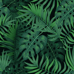 Naklejka na ściany i meble Tropical dark green seamless pattern