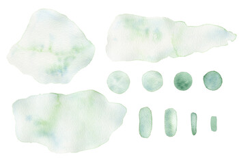 Watercolor illustration set with green blur spots and stains. Isolated on white background. Hand drawn clipart. Perfect for card, textile, tags, invitation, printing, wrapping. © Karina Martirosova