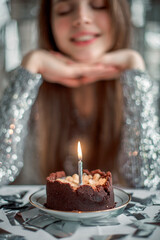 A beautiful girl in a sparkly dress and birthday boy cap makes a wish before blowing out the candle on the cake