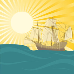 Sailboat silhouette at sunset, vector illustration, sailboat sailing in the ocean, sea and ship silhouette sailing in a boat with sails, flat style drawing.
