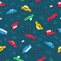 Various cars type and traffic signs Cartoon vector seamless pattern