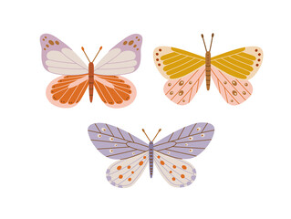 Cute colored butterflies. Hand-drawn vector insects, isolated on white background. Spring season concept, Easter, nature.