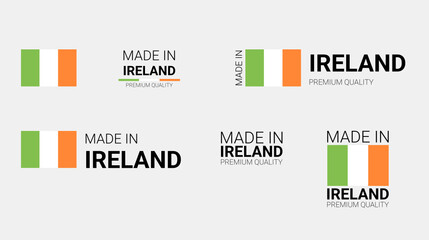 Vector set of made in Ireland labels, made in the Ireland logo, Ireland flag, product emblem, made in Ireland badges, premium quality, patriot proud label stamp, vector illustration, Rectangle